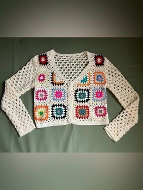 Crochet Granny Square Cropped Cardigan Rainbow Cream Women’s Sweater
